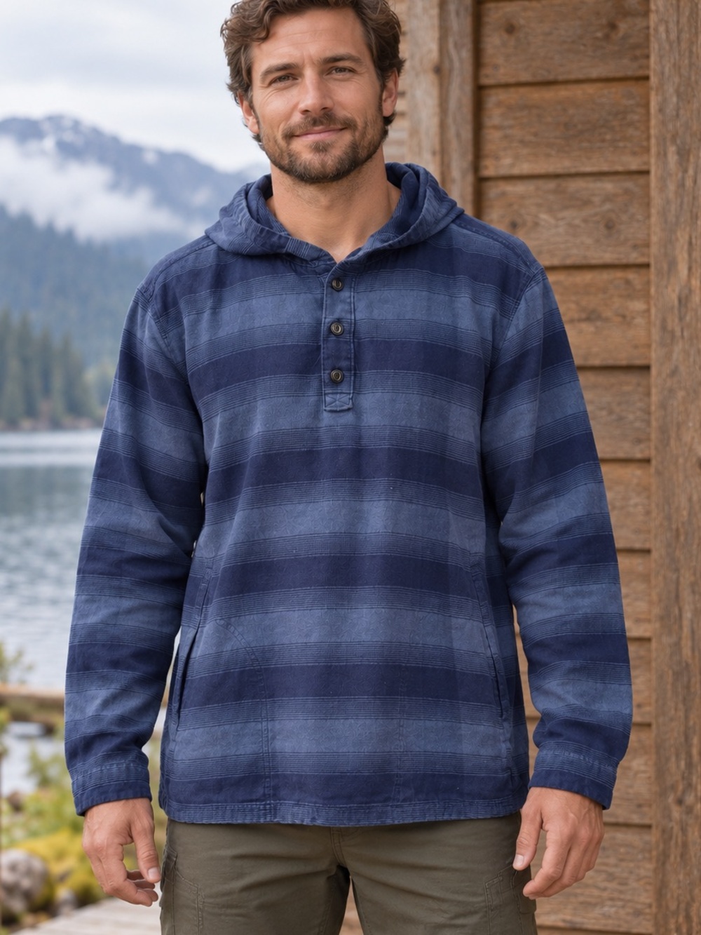 Patagonia Lightweight Fjord Flannel Hoody Men XL Blue Stripe Organic Cotton